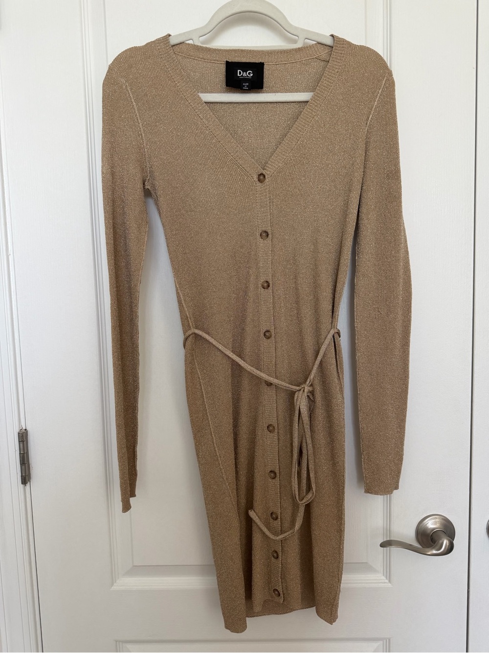 Dolce and Gabanna D&G Tan/Gold Button-Front Knit Dress w/ Tie Waist Sz Small